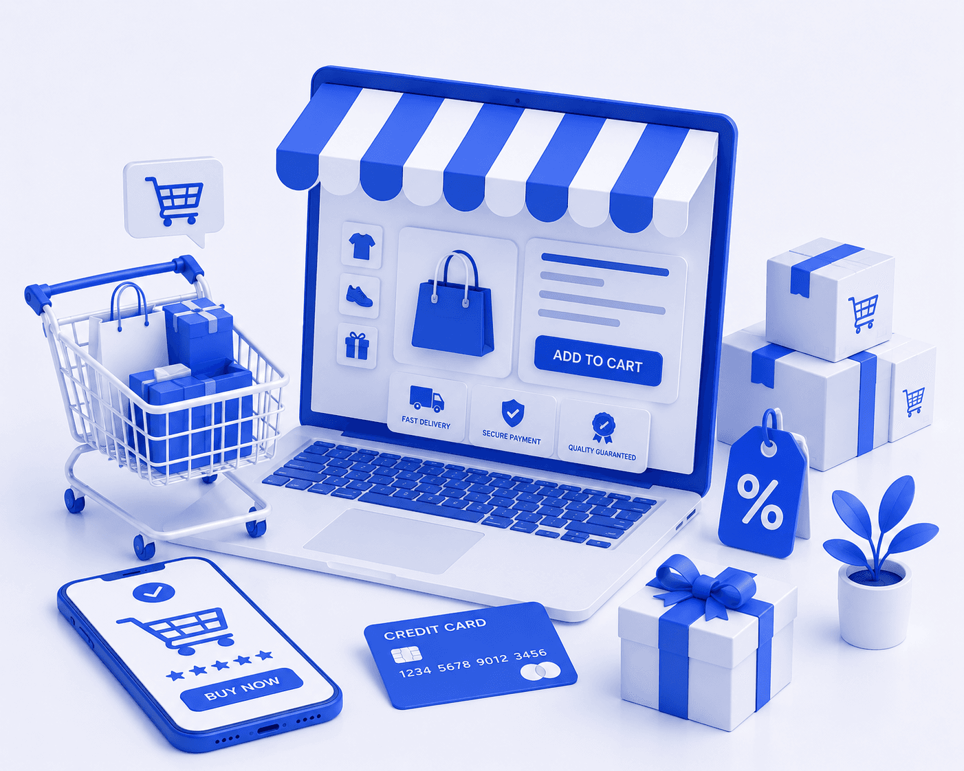 Online shopping and checkout experience with cart, packages, and secure payment