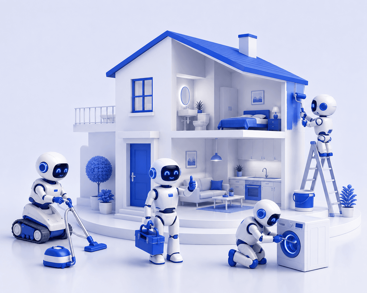 AI robots handling cleaning, repairs, and maintenance tasks around a home