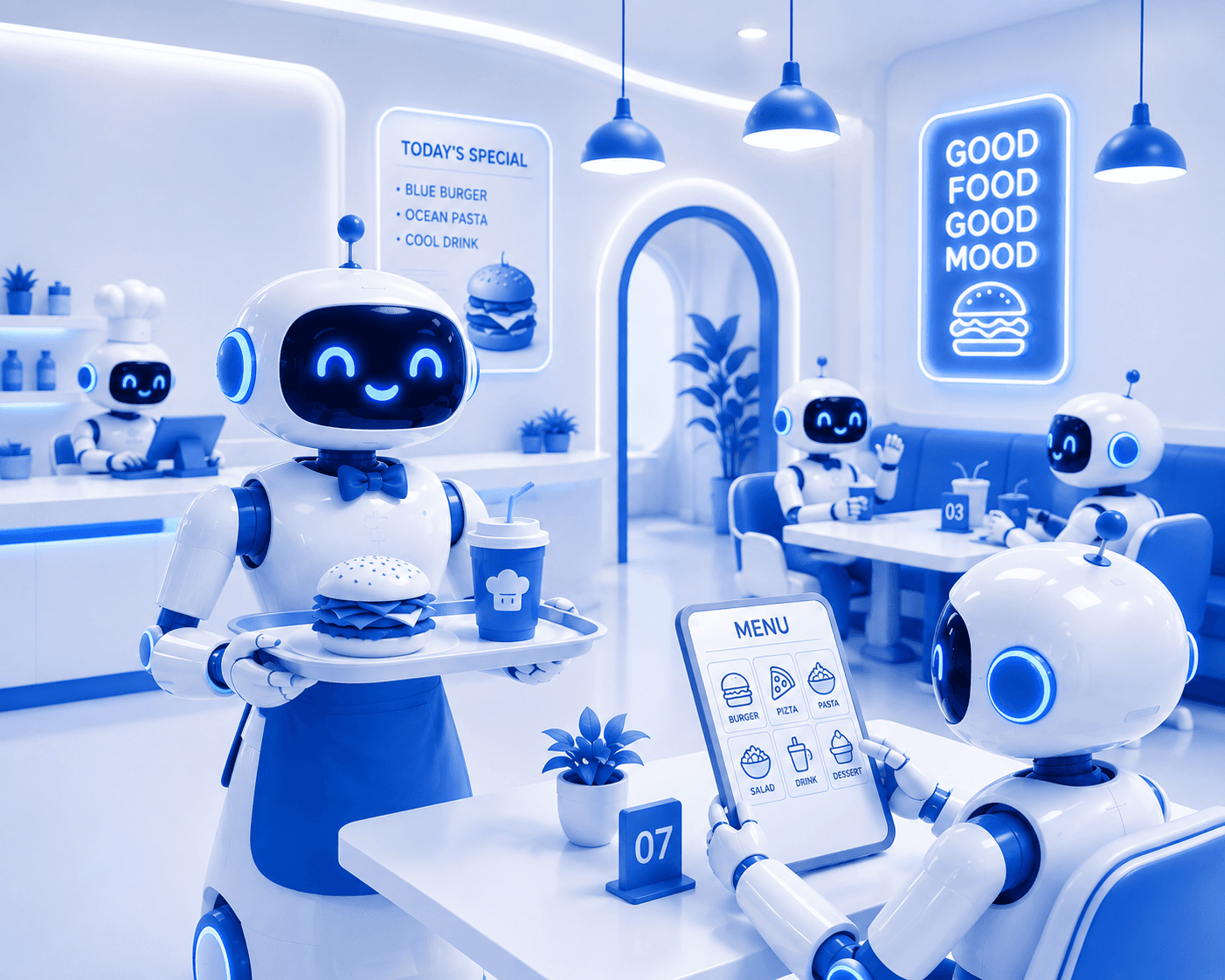 AI robot staff serving guests in a futuristic restaurant